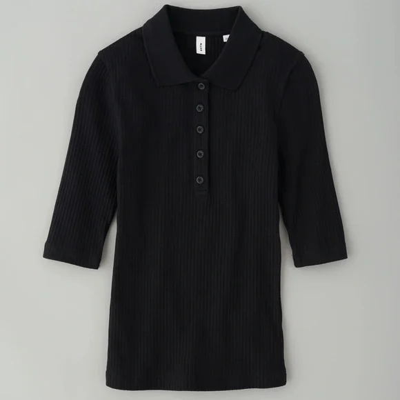 KOTN black cotton ribbed button down quarter polo top in size S - Picture 2 of 5